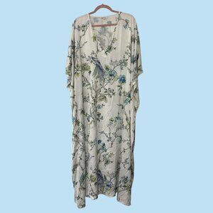 Wrap Up by VP / Bird Floral Long Caftan White/Blue/Lilac Size L/XL